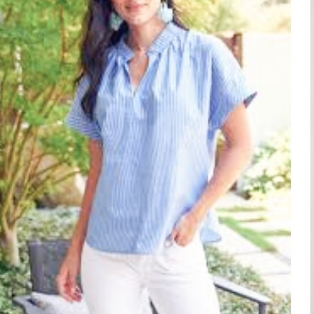 AQC clothing Striped Ruffle-Sleeve Oversized Blue Top Size 2
